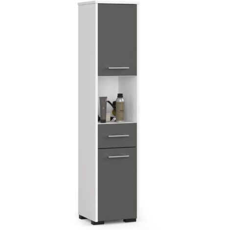 Columna de baño AKORD FIN Blanco 30 cm 2 puertas 1 cajón frente en color Gris Grafito 5 estantes 30x30x140 cm
