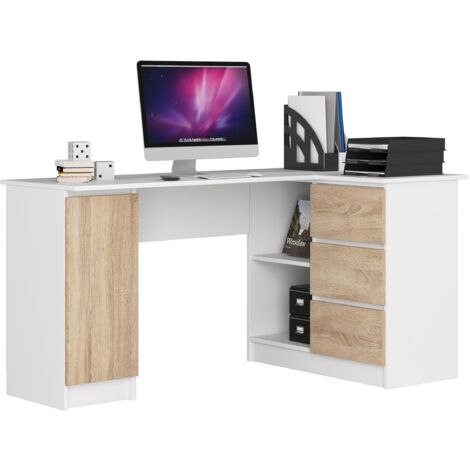 Escritorio esquinero AKORD B20 Blanco 155 cm con lado derecho 1 puerta 3 cajones frente en color Roble Sonoma 4 estantes 155x85x77 cm