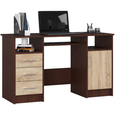 Escritorio de ordenador AKORD ANA Wenge 124 cm 1 puerta 3 cajones frente en color Roble Sonoma 5 estantes 124x52x74 cm