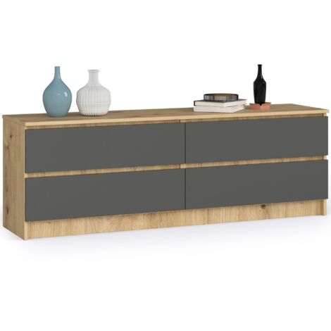 Cómoda AKORD K160 Roble Artisan 160 cm 4 cajones frente en color Grafito Gris 160x40x55 cm