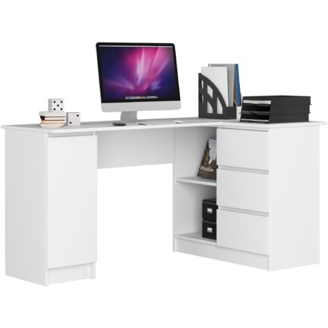 Escritorio esquinero AKORD B20 Blanco 155 cm con lado derecho 1 puerta 3 cajones frente en color Blanco 4 estantes 155x85x77 cm