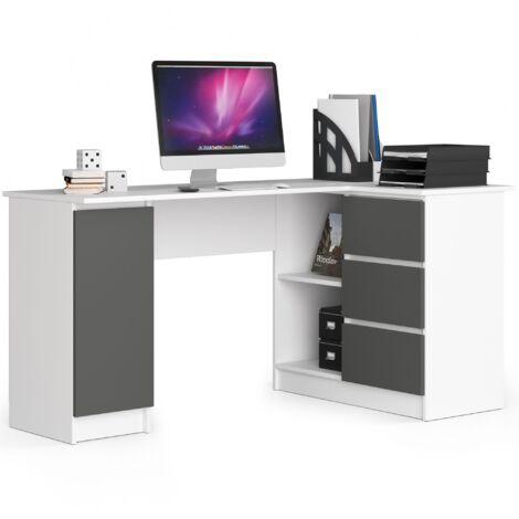 Escritorio esquinero AKORD B20 Blanco 155 cm con lado derecho 1 puerta 3 cajones frente en color Grafito Gris 4 estantes 155x85x77 cm
