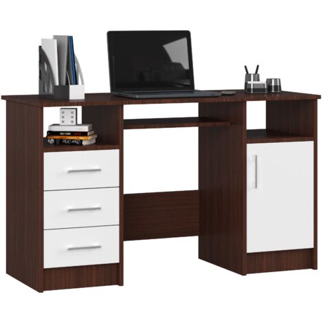 Escritorio de ordenador AKORD ANA Wenge 124 cm 1 puerta 3 cajones frente en color Blanco 5 estantes 124x52x74 cm