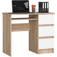 Escritorio de ordenador AKORD A6 Roble Sonoma de 90 cm con 3 cajones a la derecha frente en color Blanco 1 estante 90x50x77 cm