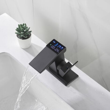 Ahlsen Waterfall Faucet Digital Display Hydropower Basin Temperature Display Digital Faucet Black One Piece