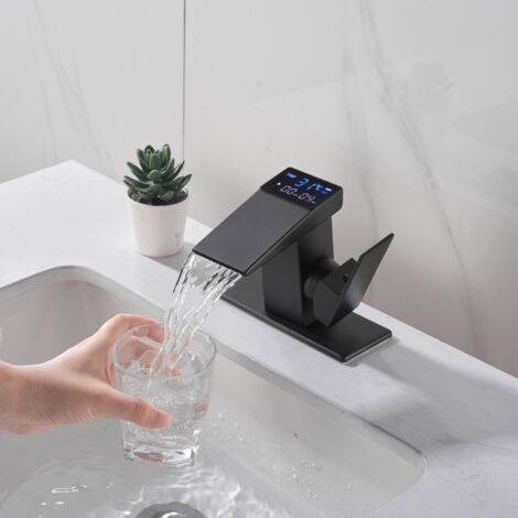 Ahlsen Waterfall Faucet Digital Display Hydropower Basin Temperature Display Digital Faucet Black One Piece