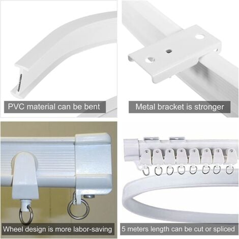 Ahlsen Curtain rod, flexible ceiling curtain rail for bay windows, approx. 3.5 m, foldable, curved, stable plastic wall bracket for room dividers