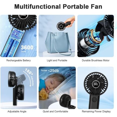 Ahlsen Portable Mini Fan, 3600mAh Rechargeable USB Pocket Fan, Small Handheld Fan with 3 Speeds, Portable Electric Quiet Battery Powered Desk Fan with Power Bank, Black