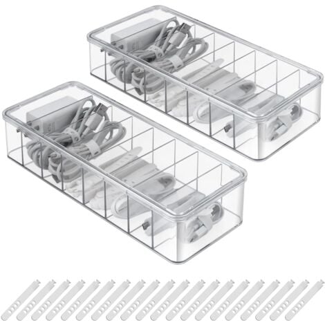 Ahlsen Pack of Cable Organizer Box, 8 Compartments Transparent Cable Box with 20 Cable Ties, Multi-Grid Storage Box with Lid for Home, Office