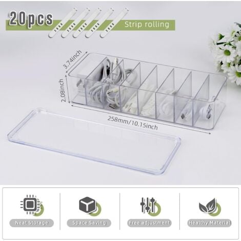 Ahlsen Pack of Cable Organizer Box, 8 Compartments Transparent Cable Box with 20 Cable Ties, Multi-Grid Storage Box with Lid for Home, Office
