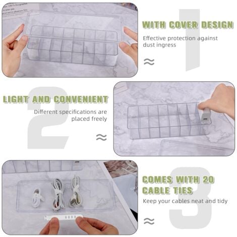 Ahlsen Pack of Cable Organizer Box, 8 Compartments Transparent Cable Box with 20 Cable Ties, Multi-Grid Storage Box with Lid for Home, Office