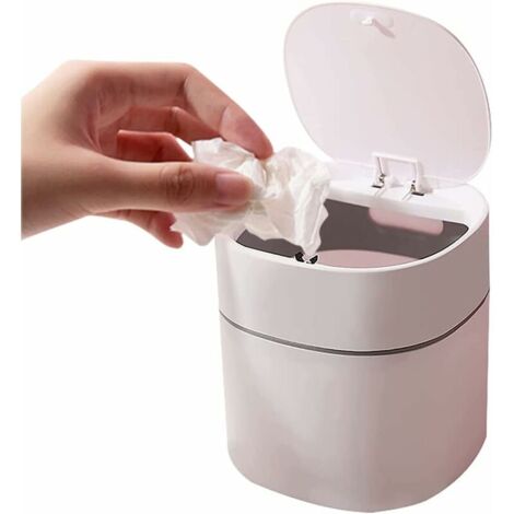 Ahlsen Mini Desktop Trash can, Creative Plastic Desktop Dustbin, Tabletop Trash can with Button Lid, Small Home Office Garbage Can for Office, Bathroom, Bedroom, Kitchen, White