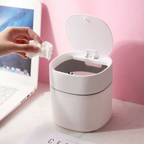 Ahlsen Mini Desktop Trash can, Creative Plastic Desktop Dustbin, Tabletop Trash can with Button Lid, Small Home Office Garbage Can for Office, Bathroom, Bedroom, Kitchen, White