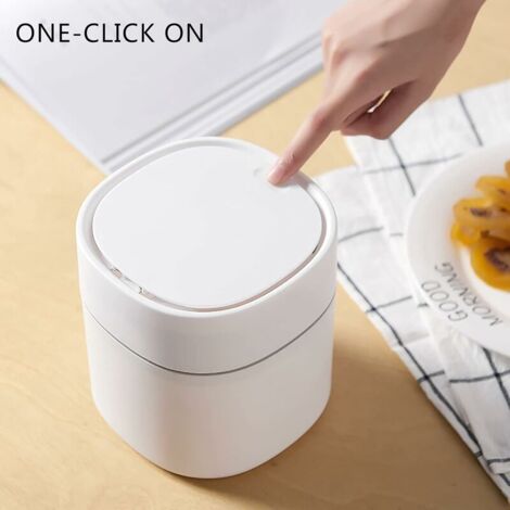 Ahlsen Mini Desktop Trash can, Creative Plastic Desktop Dustbin, Tabletop Trash can with Button Lid, Small Home Office Garbage Can for Office, Bathroom, Bedroom, Kitchen, White