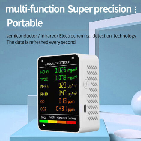 Ahlsen 6-in-1 Multifunctional Air Quality Detector, Carbon Monoxide Detector, Carbon Dioxide Formaldehyde, Large LCD Display, Detector with Built-in Lithium Battery, White
