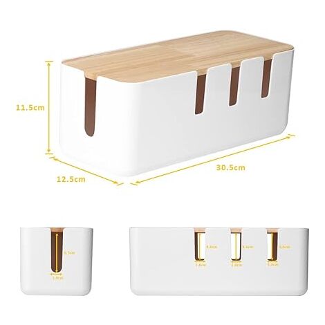 Ahlsen Cable storage box 30.5 x 12.5 x 11.5 cm, wooden lid, cable organizer for desk, TV, computer, USB hub system for hiding power strips