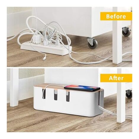 Ahlsen Cable storage box 30.5 x 12.5 x 11.5 cm, wooden lid, cable organizer for desk, TV, computer, USB hub system for hiding power strips