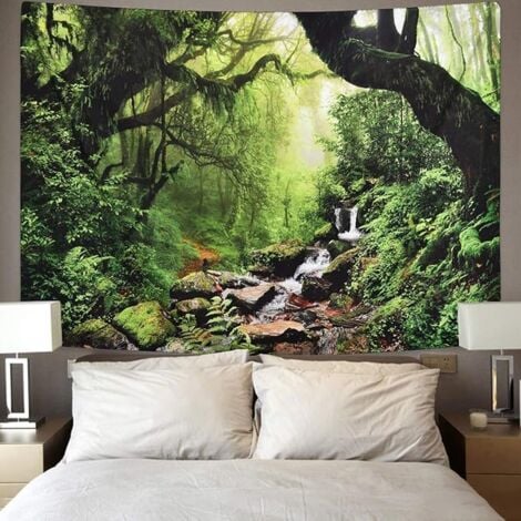 Ahlsen Decorative Tapestry for Bedroom - Tropical Forest Nature Eco Plants Waterfall - 200 x 150 cm Large - Fabric Wallpaper - Wall Tapestry Aesthetic Wall - Panoramic Decoration