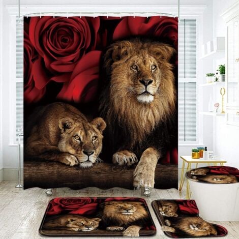 Ahlsen Red Roses and Lion Shower Curtain Set with Non Slip Mat Toilet Lid and Shower Mat Animal Shower Curtains with 12 Hooks Durable Waterproof Bathroom Decor Set