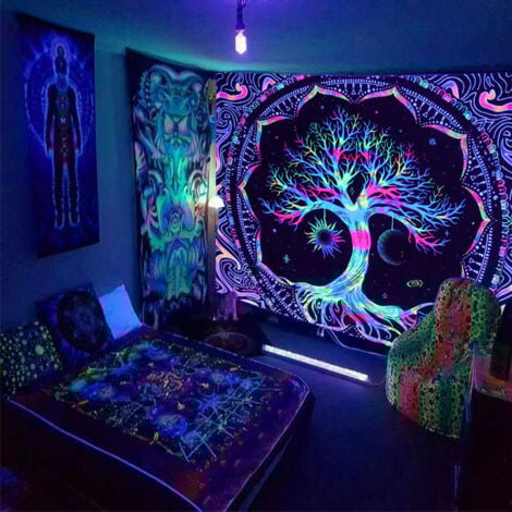 Ahlsen Moon and Sun Pattern Tree of Life UV Fluorescent Psychedelic Tapestry Tree of Life Mandala Tapestry Bedroom Decor Wall Hanging