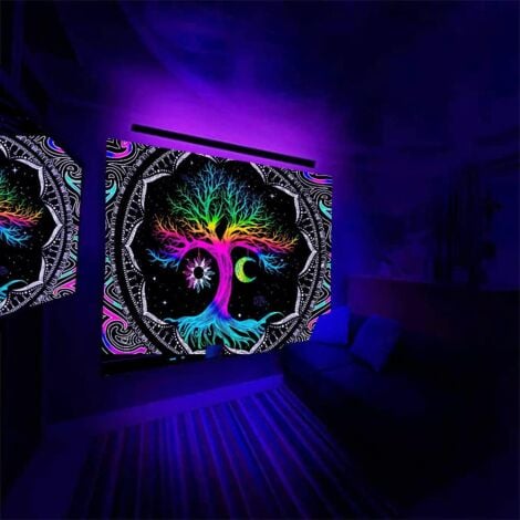 Ahlsen Moon and Sun Pattern Tree of Life UV Fluorescent Psychedelic Tapestry Tree of Life Mandala Tapestry Bedroom Decor Wall Hanging