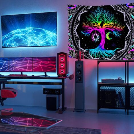 Ahlsen Moon and Sun Pattern Tree of Life UV Fluorescent Psychedelic Tapestry Tree of Life Mandala Tapestry Bedroom Decor Wall Hanging