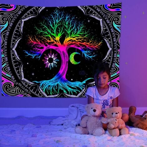 Ahlsen Moon and Sun Pattern Tree of Life UV Fluorescent Psychedelic Tapestry Tree of Life Mandala Tapestry Bedroom Decor Wall Hanging
