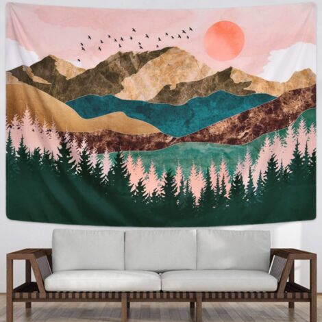 Ahlsen Mountain Tapestry, Forest Tree Tapestry, Sunset Tapestry, Nature Landscape Tapestry, Wall Hanging for Bedroom (51.2 x 59.1 inches)