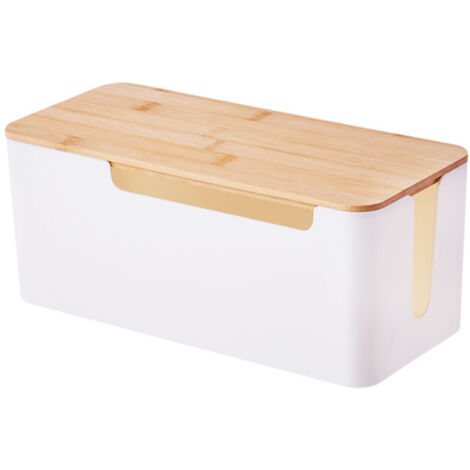 Ahlsen Cable Management Box, Cable Storage Box with Bamboo Cover, Cable Hiding Box for Organizing Computer Cables, Loose Wires, Hiding Cables (White)