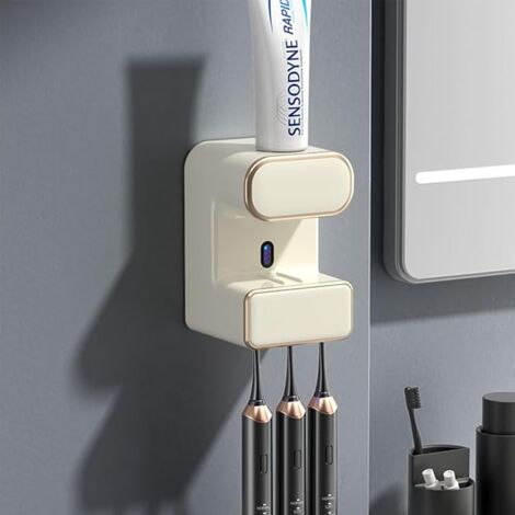 Ahlsen Smart Toothpaste Dispenser, Wall Mounted Automatic Toothpaste Dispenser, Rechargeable Toothbrush Holder, Bathroom Toothbrush Holder for Kids Adults (Beige)