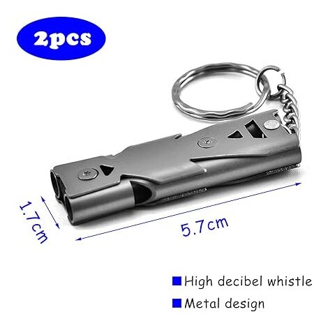 Ahlsen Set of 2 High Decibel Whistle High Decibel Metal Whistle with Key Ring Stainless Steel Double Tube Whistle High Decibel Double Tube