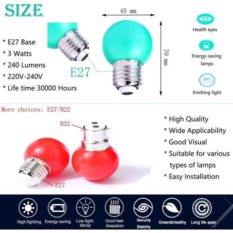Ahlsen Bunte LED-Leuchtmittel, E27, 3 W = 30 W, dekoratives und Designlicht, 240 Lumen, AC220 V-240 V, Dekorationslampe, gemischte Farben, Rot, Gelb, Blau, Grün – 40 Stück [Energieklasse A+]