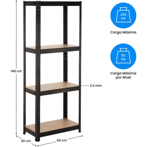 7H SEVEN HOUSE - Estantería Modular Metálica, Acero y MDF Antihumedad, Hogar, Trastero, Cocina, Oficina, Despacho, 4 Baldas Ajustables, Máx. 240Kg, 60x30x148cm (largo x ancho x alto), Color Negro