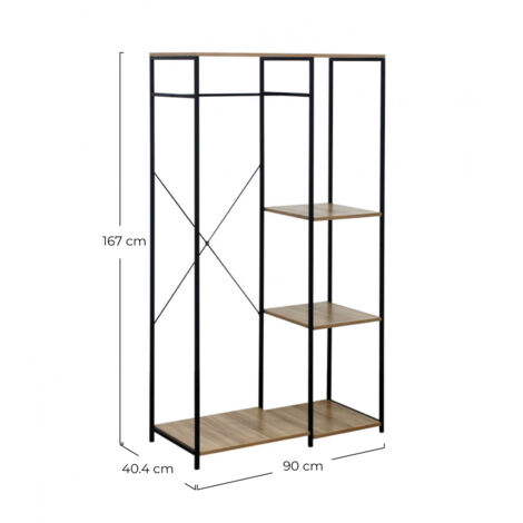 Perchero de Pie Metálico con 3 Baldas de Madera Modelo OILU de 7House , Perchero Industrial ideal para Entrada, Recibidor, Pasillo, Tienda de Ropa, Vestidor o Dormitorio , Dimensiones 167x90x40,4cm