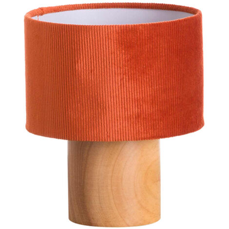 Lámpara de Mesa Redonda Moderna y Rústica , Modelo Eco Red 7hSevenOn Deco , Lámpara con Base de Madera y Pantalla de Tela Roja , Lámpara para Comedor, Salón, Dormitorio... , 18x18x22cm (1/5)