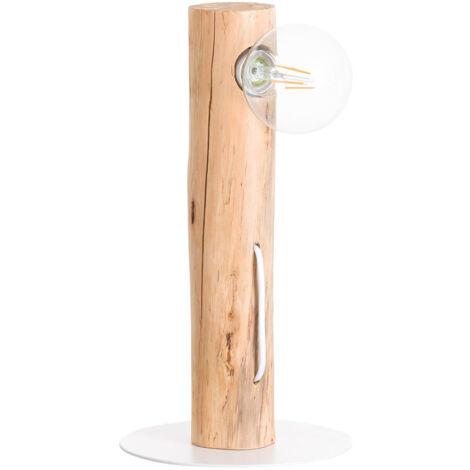 Lámpara de Mesa de Madera Rústica Nórdica Industrial , 7hSevenOn Deco Modelo Ink , Lámpara Sobremesa de Salón, Comedor, Dormitorio... , Color Natural Beige y Blanco , 8x8x38cm