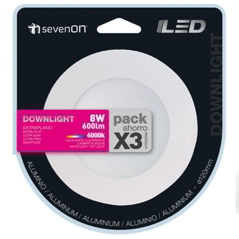 7hSevenOn - Downlight Led Ultraslim Empotrable Redondo 8W Ø12cm (Pack 3), Interior, 600 lúmenes, Ángulo 120º, Temperatura Color 4000K (Blanco Neutro), Orientación Fija, 25.000H Vida Útil, Blanco