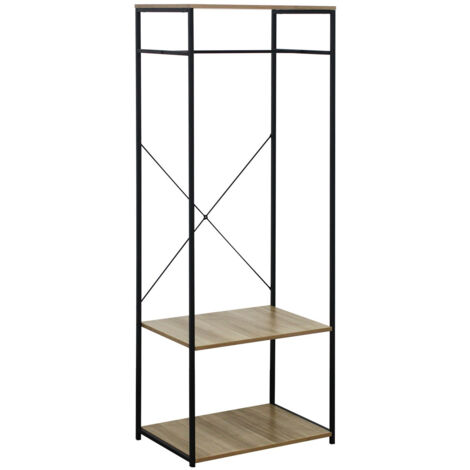 Perchero de Barra Metálico con 2 Baldas de Madera Oinu 167x60x40,4cm 7house