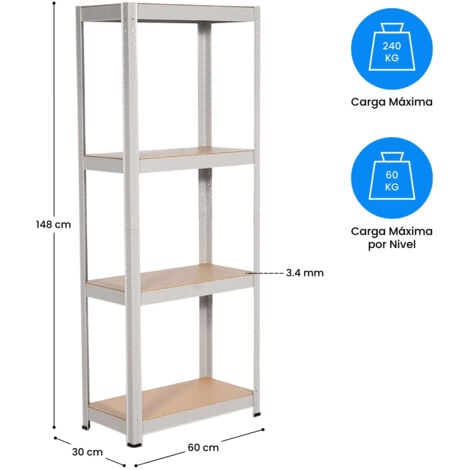 7H SEVEN HOUSE - Estantería Modular Metálica, Acero y MDF Antihumedad, Hogar, Trastero, Cocina, Oficina, Despacho, 4 Baldas Ajustables, Máx. 240Kg, 60x30x148cm (largo x ancho x alto), Color Blanco