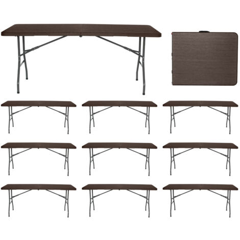 MegaPack 10 Mesas Plegables Portátiles Resina 180cm Marrón Efecto Madera 7house