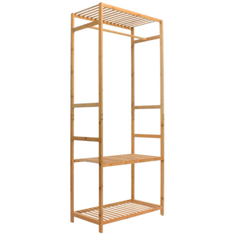 THINIA HOME - Perchero de Pie de Bambú Natural con Barra para Ropa y 2 Estantes Abiertos, Organizador de Entrada, Dormitorio o Recibidor, Estilo Nórdico, 68x36x160 cm