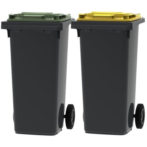 Lot de 2 poubelles d'extérieur 120L – 100% recyclé – Gris avec couvercle jaune et vert – Roues anti-corrosion – Fabriqué en France – ESE