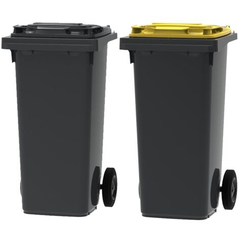 ESE France Lot de 2 Conteneurs Poubelles à déchets 2 roues - 120L - 100% Recyclé - Gris avec Couvercle Gris et Jaune - Fabriqué en France