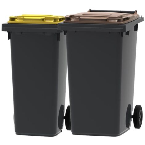 Lot de 2 poubelles d'extérieur 120L et 240L – 100% recyclé – PEHD stabilisé UV – Couvercle jaune et marron – Roues anti-corrosion – ESE