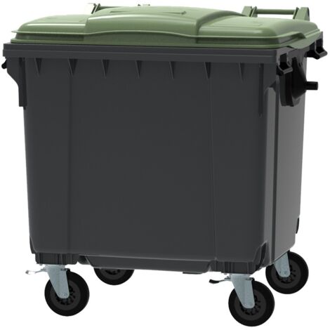ESE France Conteneur Poubelle à déchets 4 roues - 1100L - Robuste et Professionnel - 100% Recyclé - Gris avec Couvercle Vert (1/5)