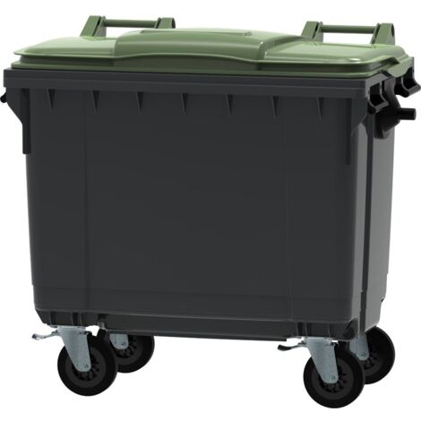 ESE France Conteneur Poubelle à déchets 4 roues - 660L - Robuste et Professionnel - 100% Recyclé - Gris avec Couvercle Vert - Fabriqué en France