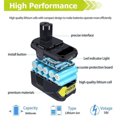 2X 18V 5.5Ah pour Ryobi One+ RB18L50 Batterie P108 P107 P122 P104 P105 P102 P103 avec Indicateur LED