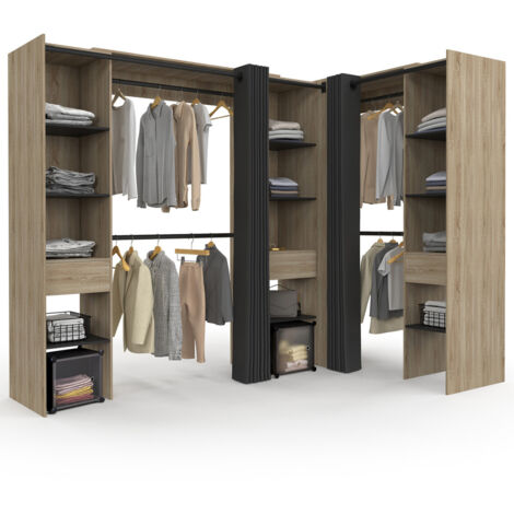 Ausziehbare Eckgarderobe MARLON 230 x 140 x 180 cm cm Buche mit Kleiderschränken + Regalen + schwarzen Vorhängen
