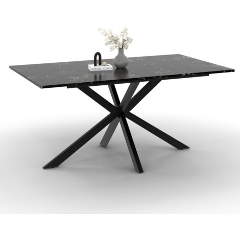 Table à manger rectangle ALIX 8 personnes pied araignée métal noir et plateau effet marbre noir ALASKA 160 cm