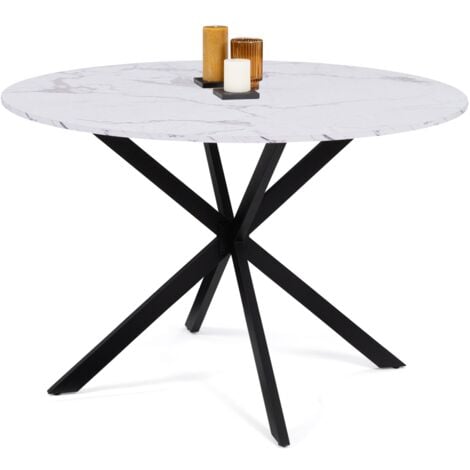 Table à manger ronde ALIX 4-6 personnes pied araignée métal noir et plateau effet marbre blanc ALASKA 110 cm